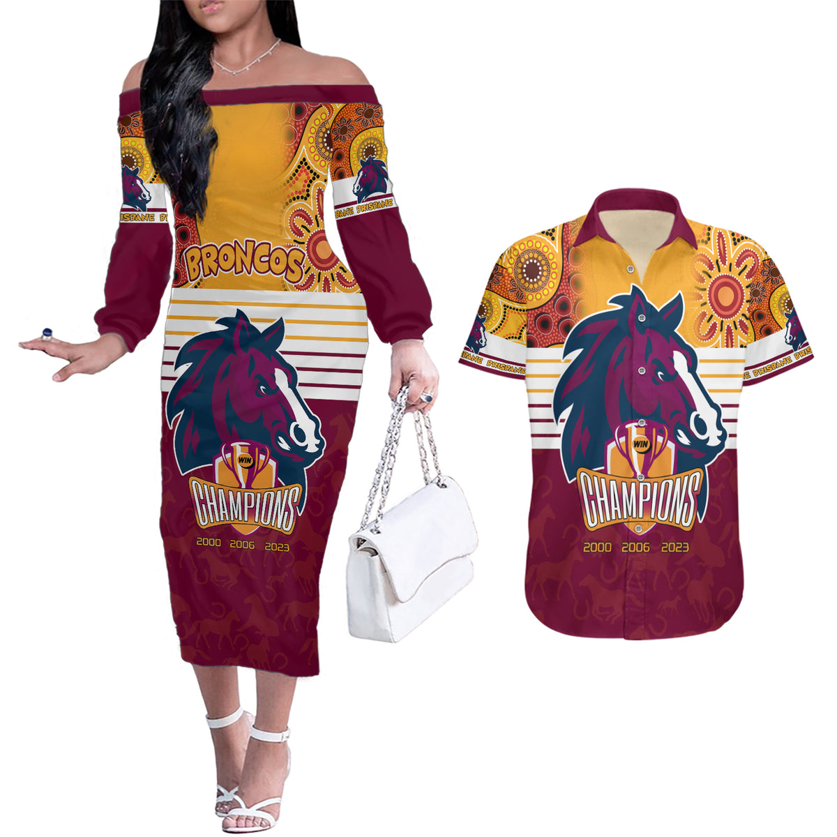 nrl-broncos-champions-2023-couples-matching-off-the-shoulder-long-sleeve-dress-and-hawaiian-shirt-proud-newcastle-aboriginal-vibe