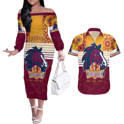 nrl-broncos-champions-2023-couples-matching-off-the-shoulder-long-sleeve-dress-and-hawaiian-shirt-proud-newcastle-aboriginal-vibe