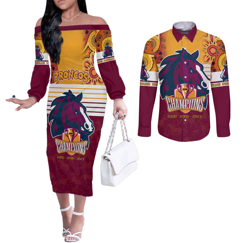 nrl-broncos-champions-2023-couples-matching-off-the-shoulder-long-sleeve-dress-and-long-sleeve-button-shirts-proud-newcastle-aboriginal-vibe