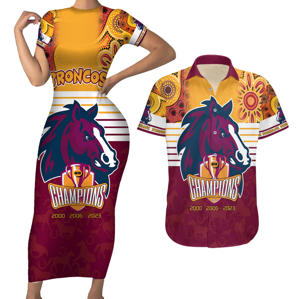 nrl-broncos-champions-2023-couples-matching-short-sleeve-bodycon-dress-and-hawaiian-shirt-proud-newcastle-aboriginal-vibe