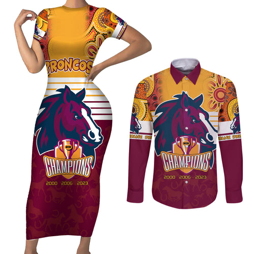 nrl-broncos-champions-2023-couples-matching-short-sleeve-bodycon-dress-and-long-sleeve-button-shirts-proud-newcastle-aboriginal-vibe
