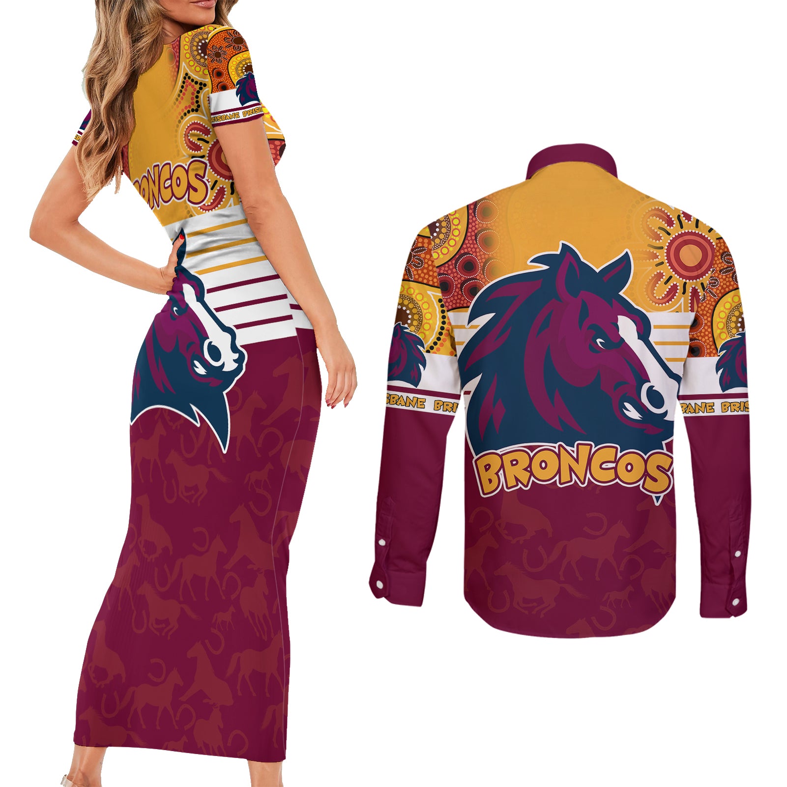 nrl-broncos-champions-2023-couples-matching-short-sleeve-bodycon-dress-and-long-sleeve-button-shirts-proud-newcastle-aboriginal-vibe