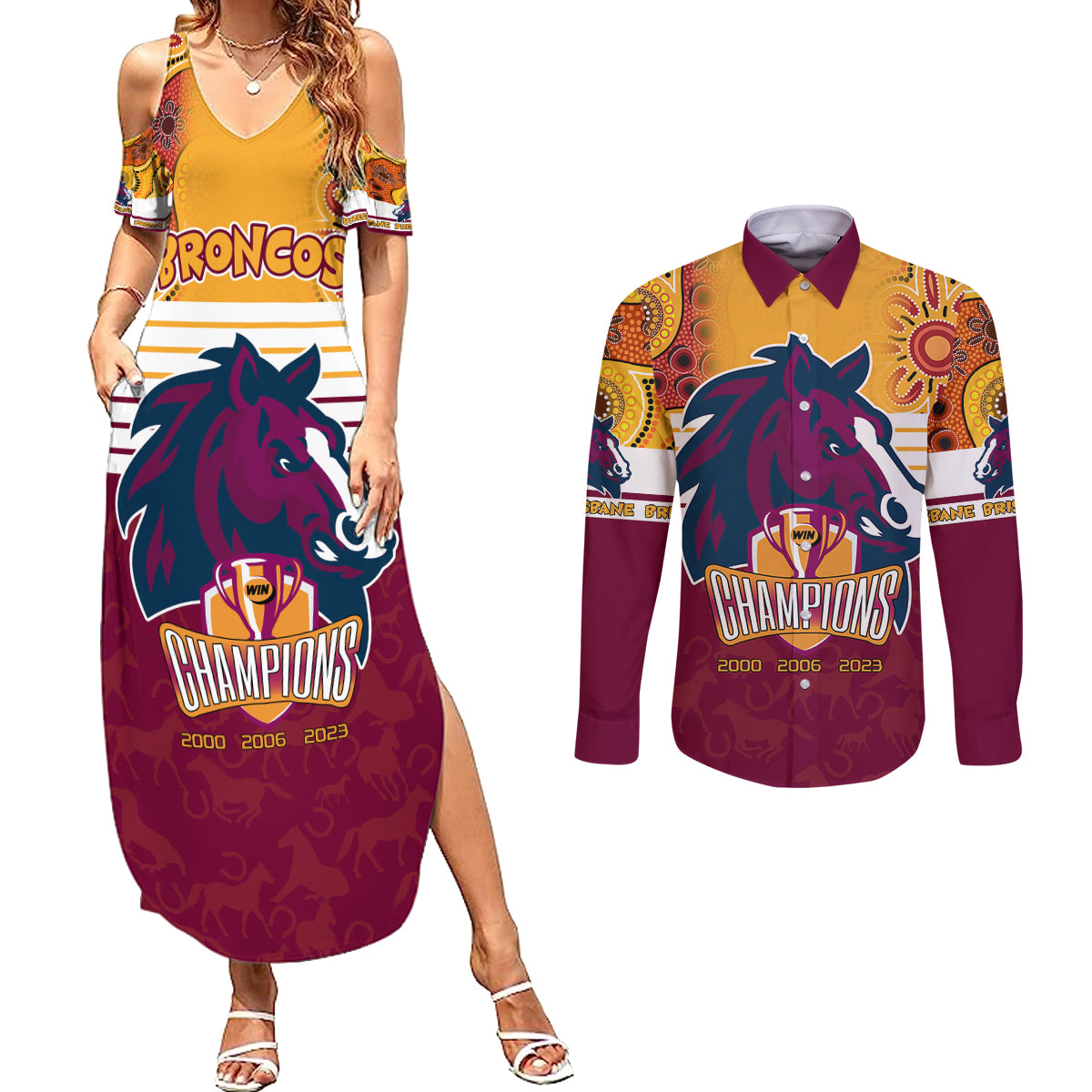 nrl-broncos-champions-2023-couples-matching-summer-maxi-dress-and-long-sleeve-button-shirts-proud-newcastle-aboriginal-vibe