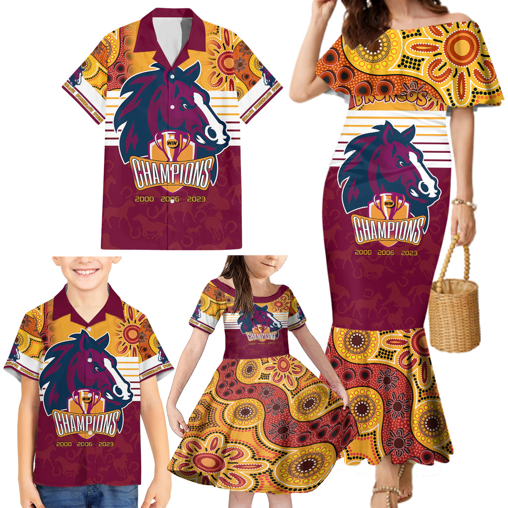 nrl-broncos-champions-2023-family-matching-mermaid-dress-and-hawaiian-shirt-proud-newcastle-aboriginal-vibe