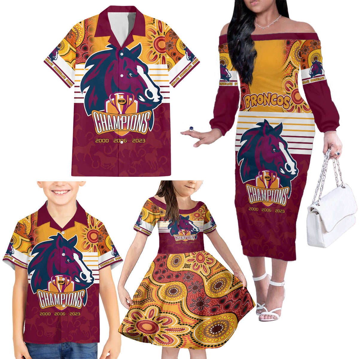 nrl-broncos-champions-2023-family-matching-off-shoulder-long-sleeve-dress-and-hawaiian-shirt-proud-newcastle-aboriginal-vibe