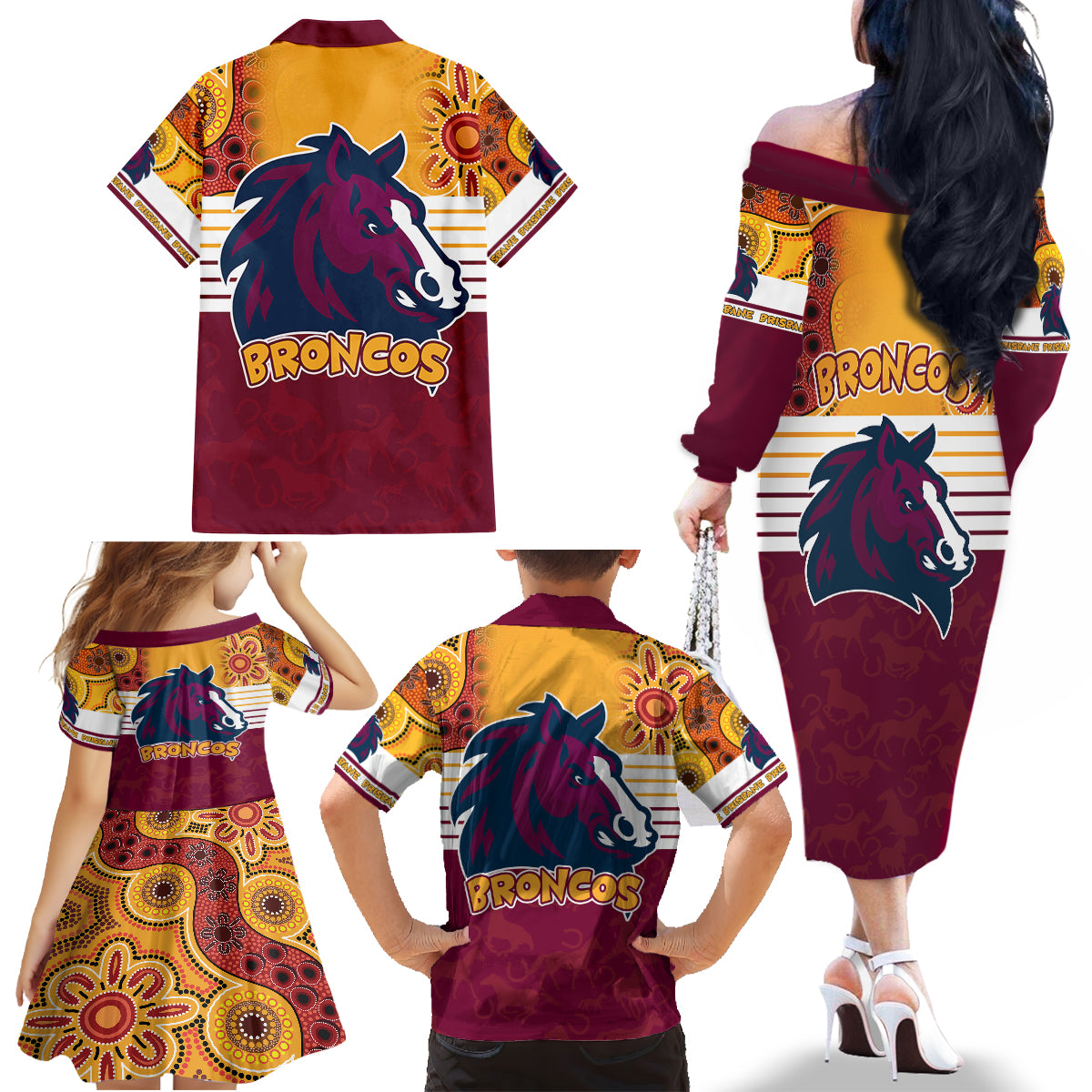 nrl-broncos-champions-2023-family-matching-off-shoulder-long-sleeve-dress-and-hawaiian-shirt-proud-newcastle-aboriginal-vibe