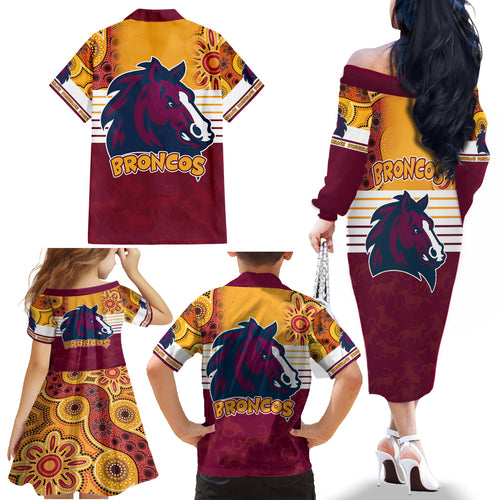 nrl-broncos-champions-2023-family-matching-off-shoulder-long-sleeve-dress-and-hawaiian-shirt-proud-newcastle-aboriginal-vibe