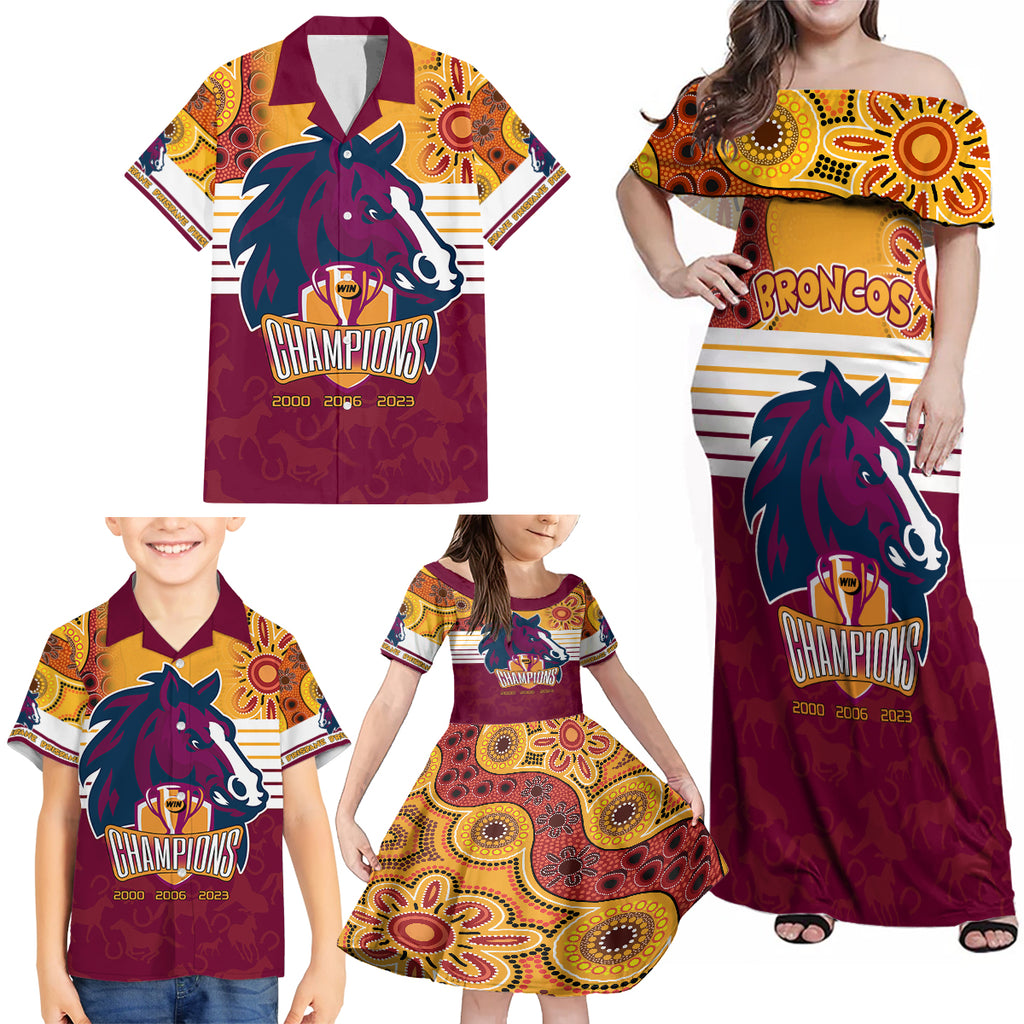 nrl-broncos-champions-2023-family-matching-off-shoulder-maxi-dress-and-hawaiian-shirt-proud-newcastle-aboriginal-vibe