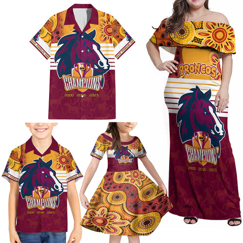 nrl-broncos-champions-2023-family-matching-off-shoulder-maxi-dress-and-hawaiian-shirt-proud-newcastle-aboriginal-vibe