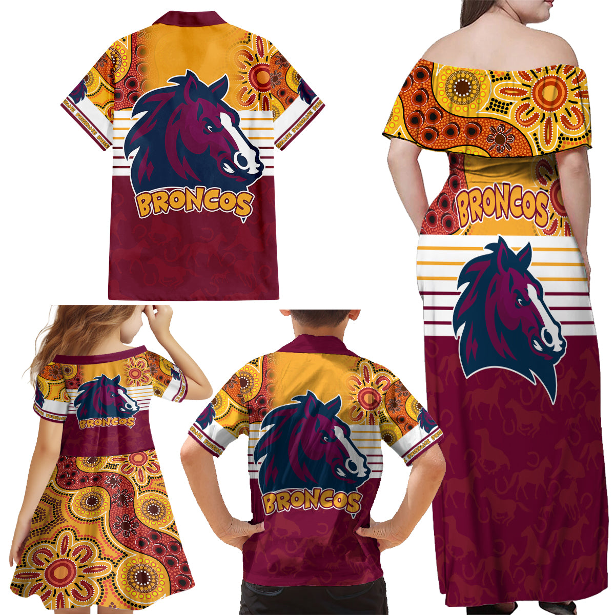 nrl-broncos-champions-2023-family-matching-off-shoulder-maxi-dress-and-hawaiian-shirt-proud-newcastle-aboriginal-vibe