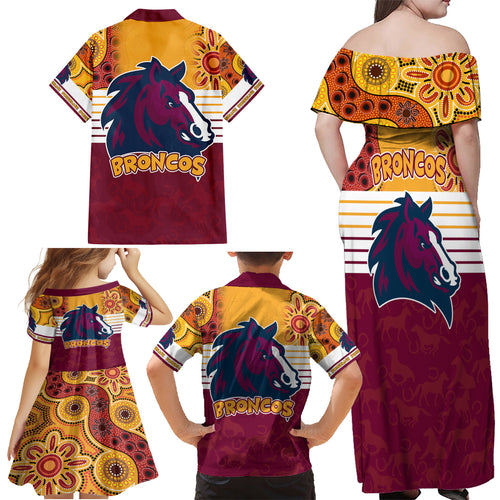 nrl-broncos-champions-2023-family-matching-off-shoulder-maxi-dress-and-hawaiian-shirt-proud-newcastle-aboriginal-vibe