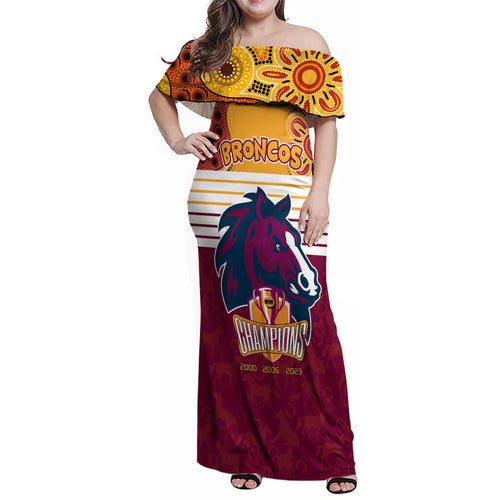 nrl-broncos-champions-2023-family-matching-off-shoulder-maxi-dress-and-hawaiian-shirt-proud-newcastle-aboriginal-vibe