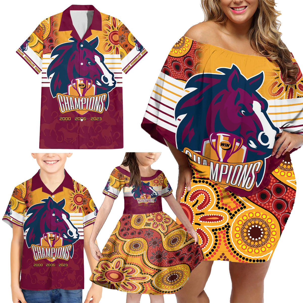 nrl-broncos-champions-2023-family-matching-off-shoulder-short-dress-and-hawaiian-shirt-proud-newcastle-aboriginal-vibe