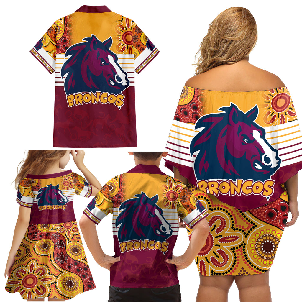 nrl-broncos-champions-2023-family-matching-off-shoulder-short-dress-and-hawaiian-shirt-proud-newcastle-aboriginal-vibe