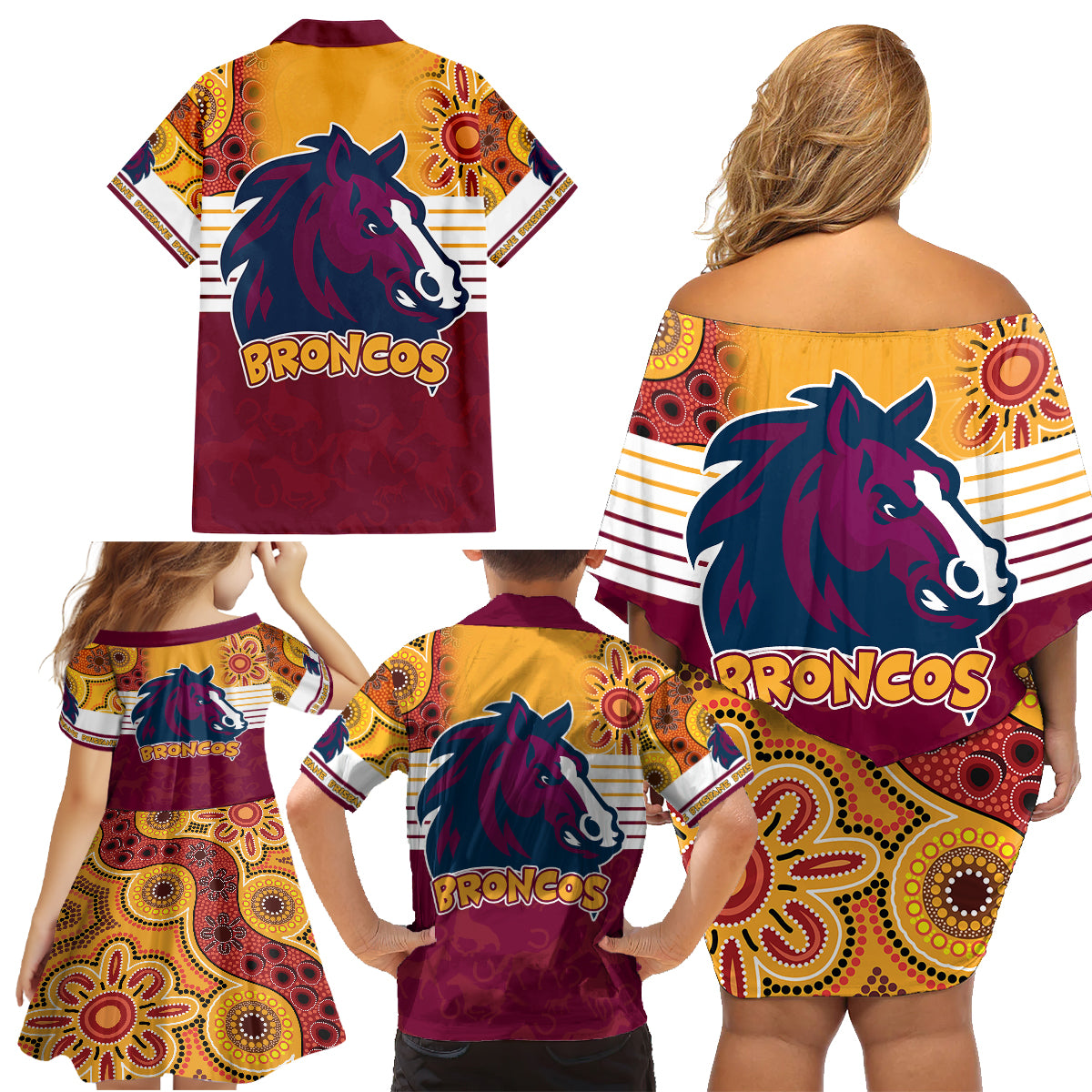 nrl-broncos-champions-2023-family-matching-off-shoulder-short-dress-and-hawaiian-shirt-proud-newcastle-aboriginal-vibe