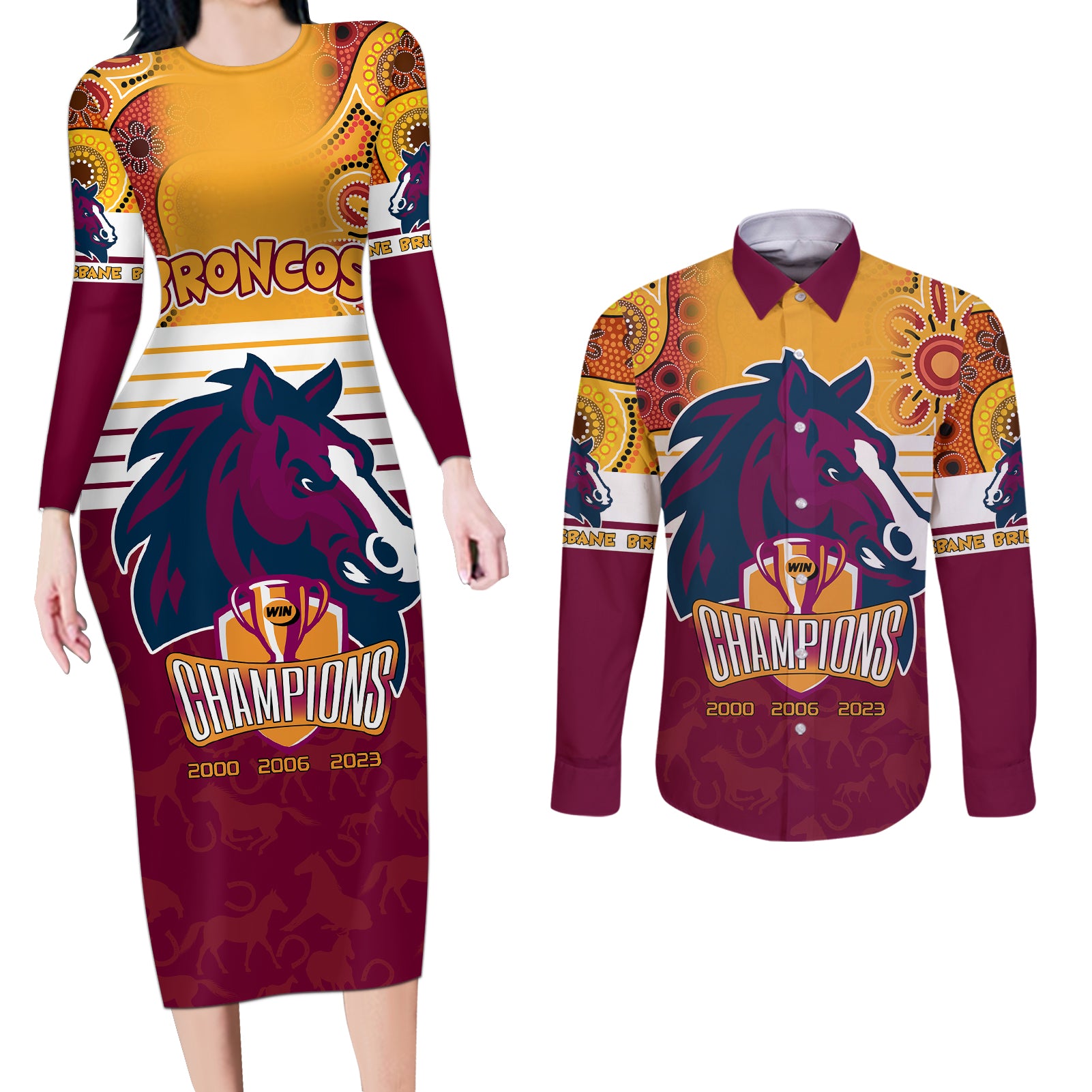 custom-nrl-broncos-champions-2023-couples-matching-long-sleeve-bodycon-dress-and-long-sleeve-button-shirts-proud-newcastle-aboriginal-vibe
