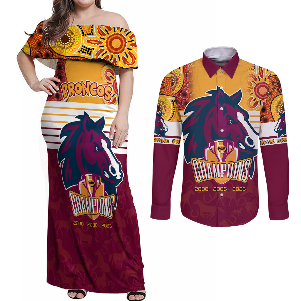 custom-nrl-broncos-champions-2023-couples-matching-off-shoulder-maxi-dress-and-long-sleeve-button-shirts-proud-newcastle-aboriginal-vibe