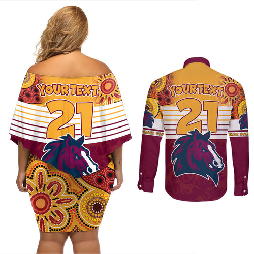 custom-nrl-broncos-champions-2023-couples-matching-off-shoulder-short-dress-and-long-sleeve-button-shirts-proud-newcastle-aboriginal-vibe