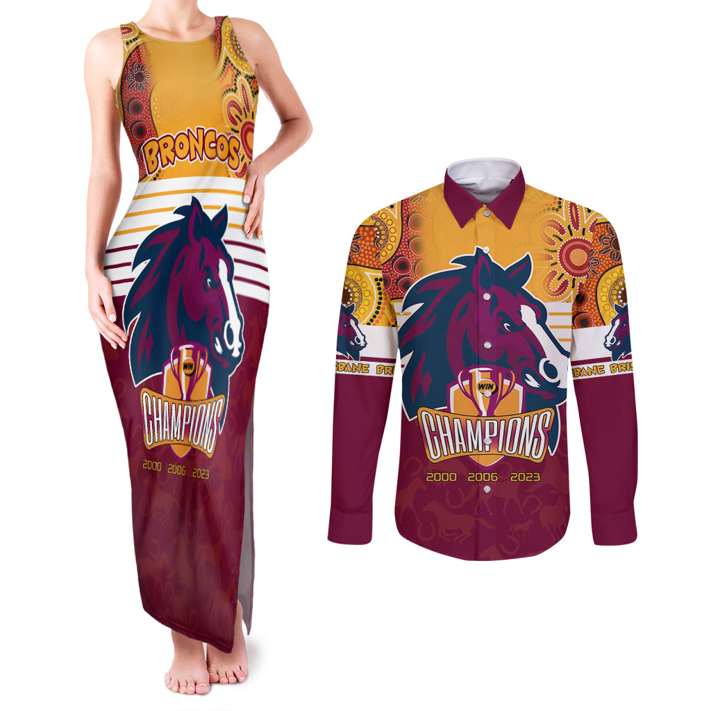 custom-nrl-broncos-champions-2023-couples-matching-tank-maxi-dress-and-long-sleeve-button-shirts-proud-newcastle-aboriginal-vibe