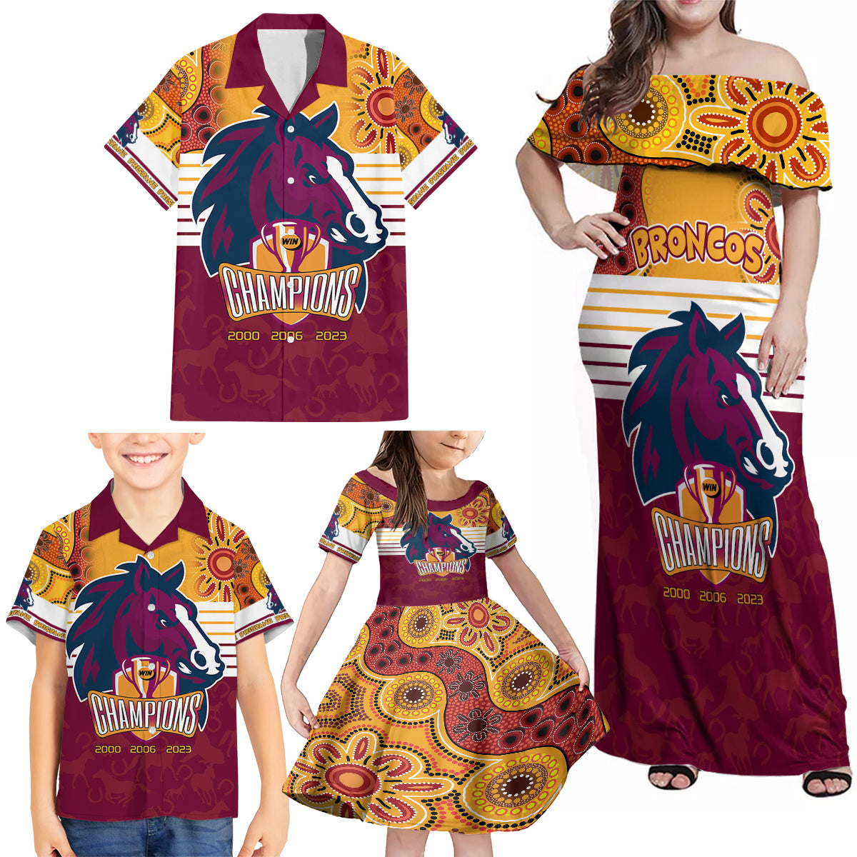custom-nrl-broncos-champions-2023-family-matching-off-shoulder-maxi-dress-and-hawaiian-shirt-proud-newcastle-aboriginal-vibe