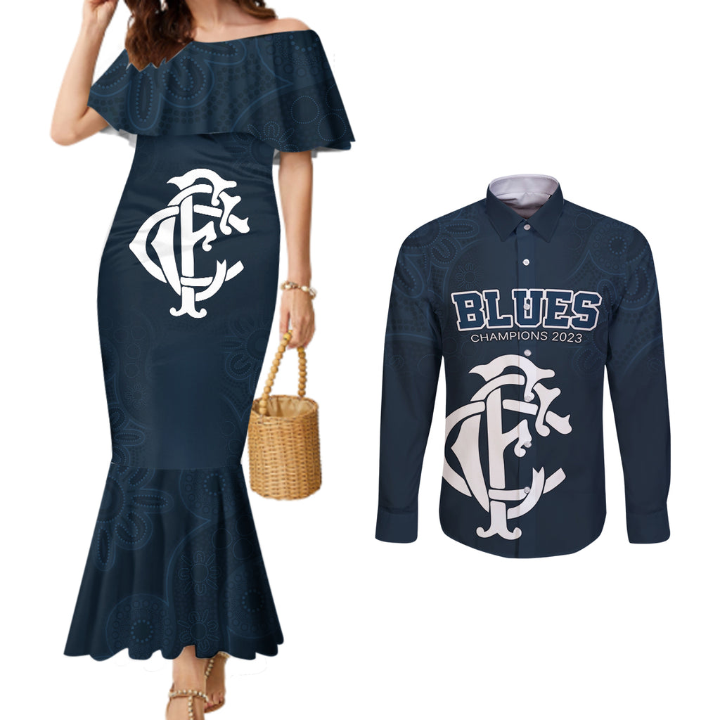 afl-blues-champions-2023-couples-matching-mermaid-dress-and-long-sleeve-button-shirts-proud-carlton-aboriginal-vibe