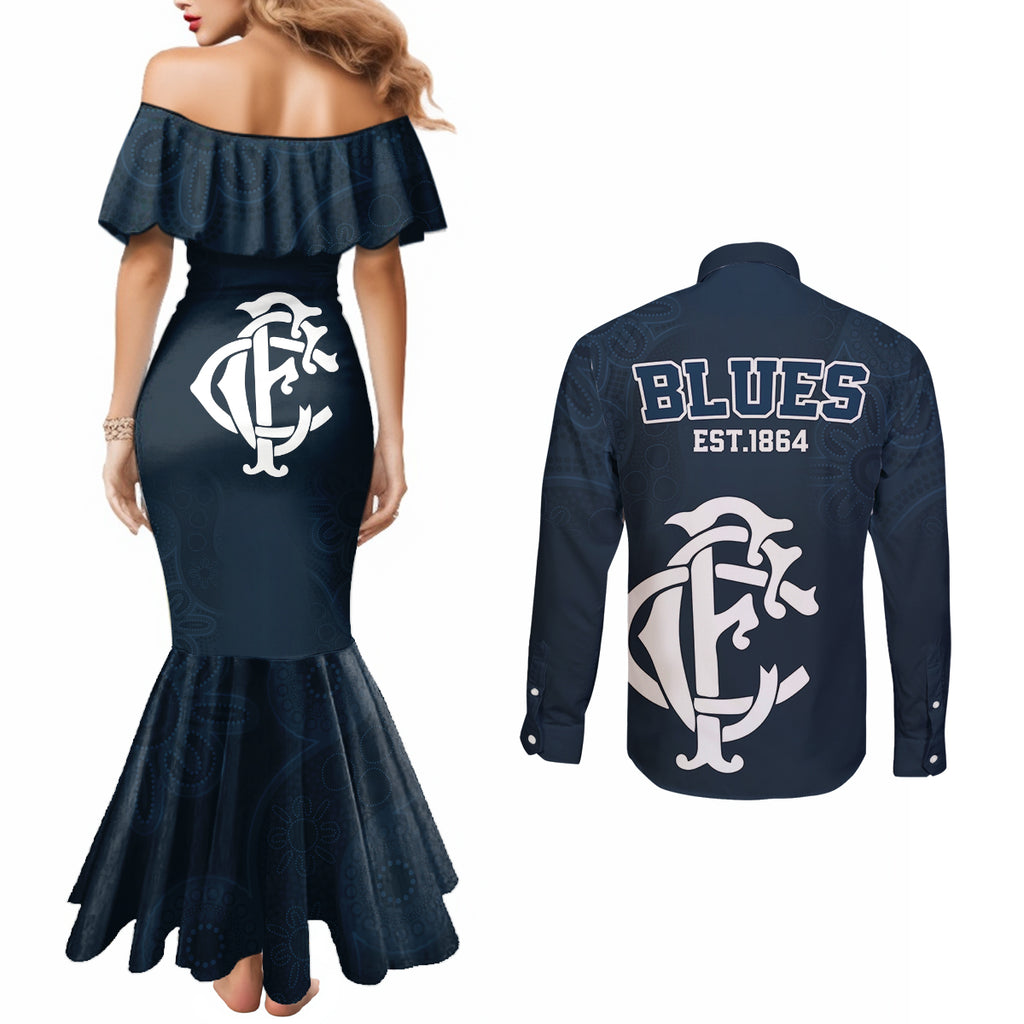 afl-blues-champions-2023-couples-matching-mermaid-dress-and-long-sleeve-button-shirts-proud-carlton-aboriginal-vibe