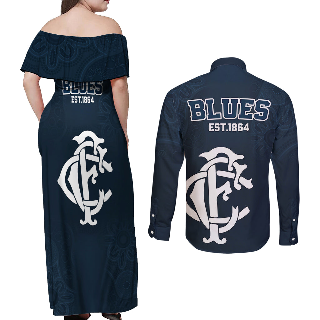 afl-blues-champions-2023-couples-matching-off-shoulder-maxi-dress-and-long-sleeve-button-shirts-proud-carlton-aboriginal-vibe