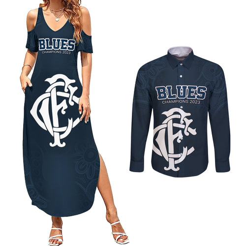 afl-blues-champions-2023-couples-matching-summer-maxi-dress-and-long-sleeve-button-shirts-proud-carlton-aboriginal-vibe