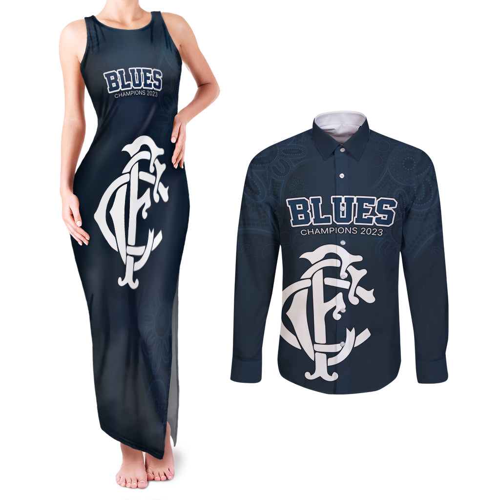 afl-blues-champions-2023-couples-matching-tank-maxi-dress-and-long-sleeve-button-shirts-proud-carlton-aboriginal-vibe