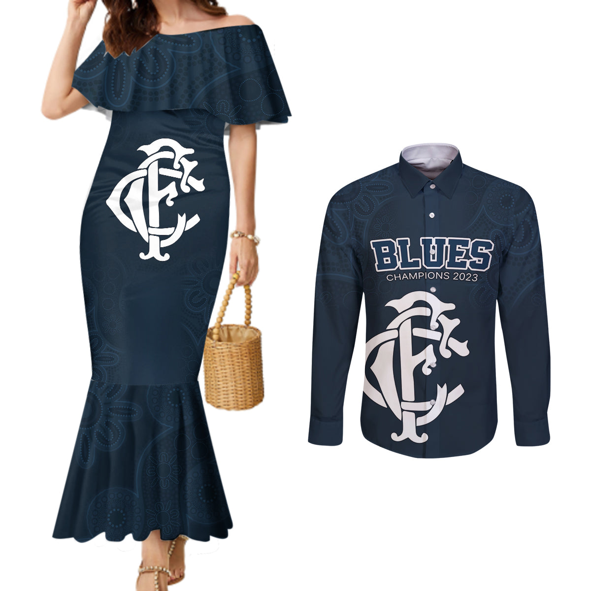 custom-afl-blues-champions-2023-couples-matching-mermaid-dress-and-long-sleeve-button-shirts-proud-carlton-aboriginal-vibe