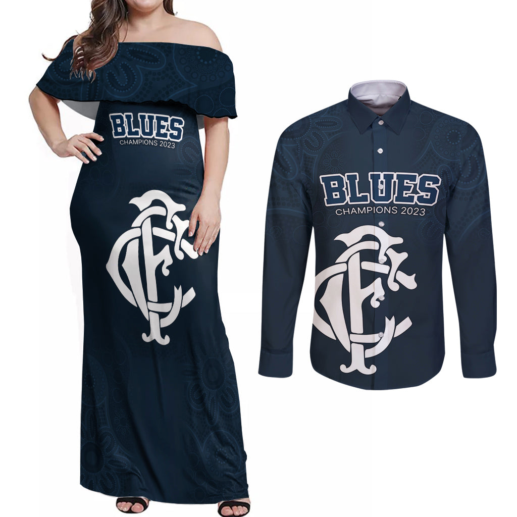 custom-afl-blues-champions-2023-couples-matching-off-shoulder-maxi-dress-and-long-sleeve-button-shirts-proud-carlton-aboriginal-vibe