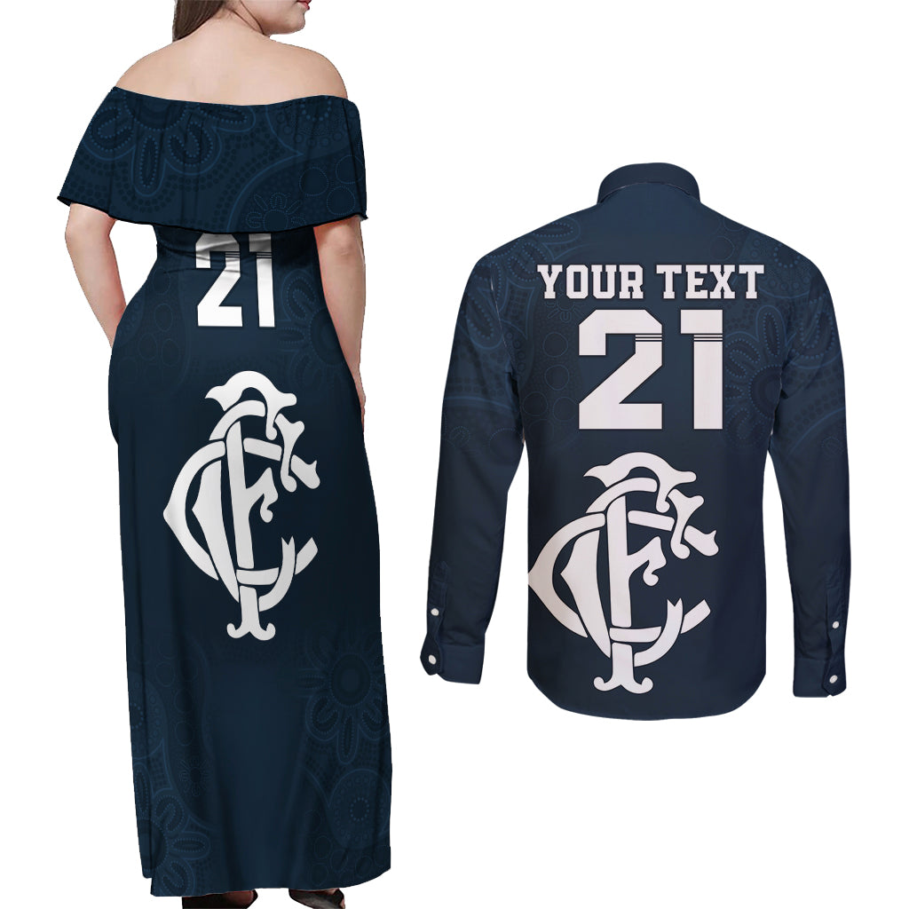 custom-afl-blues-champions-2023-couples-matching-off-shoulder-maxi-dress-and-long-sleeve-button-shirts-proud-carlton-aboriginal-vibe