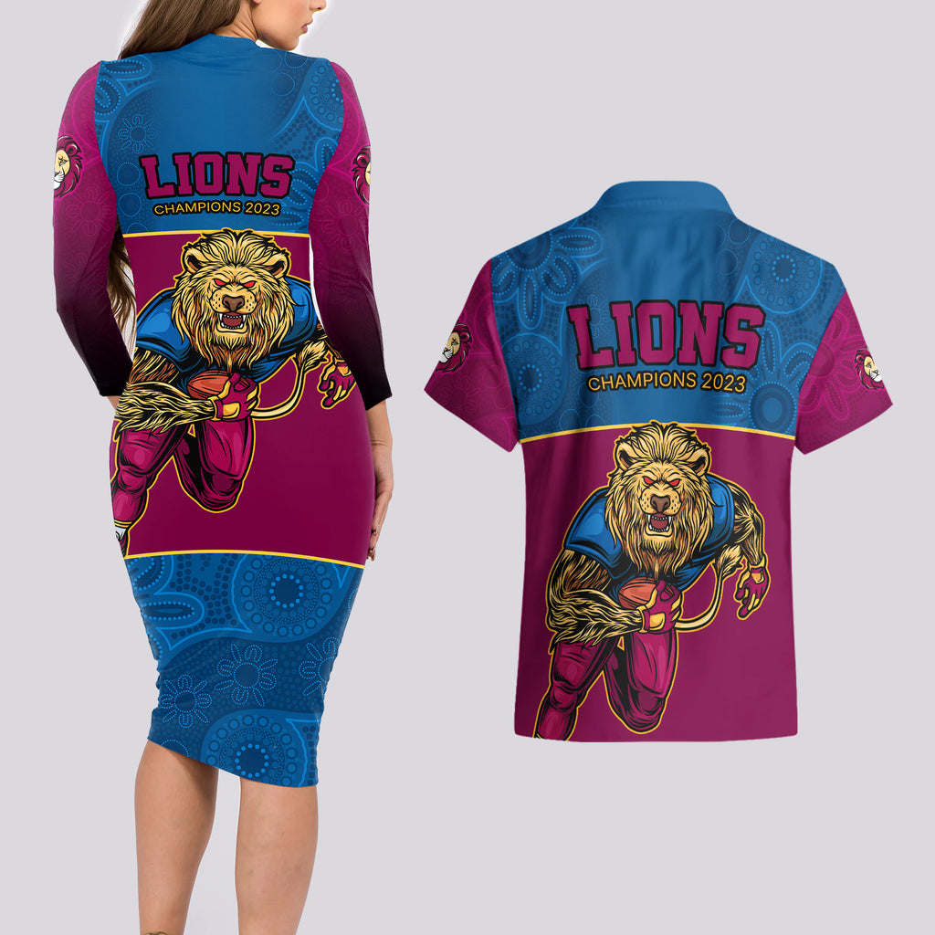 afl-lions-champions-2023-couples-matching-long-sleeve-bodycon-dress-and-hawaiian-shirt-proud-brisbane-aboriginal-vibe
