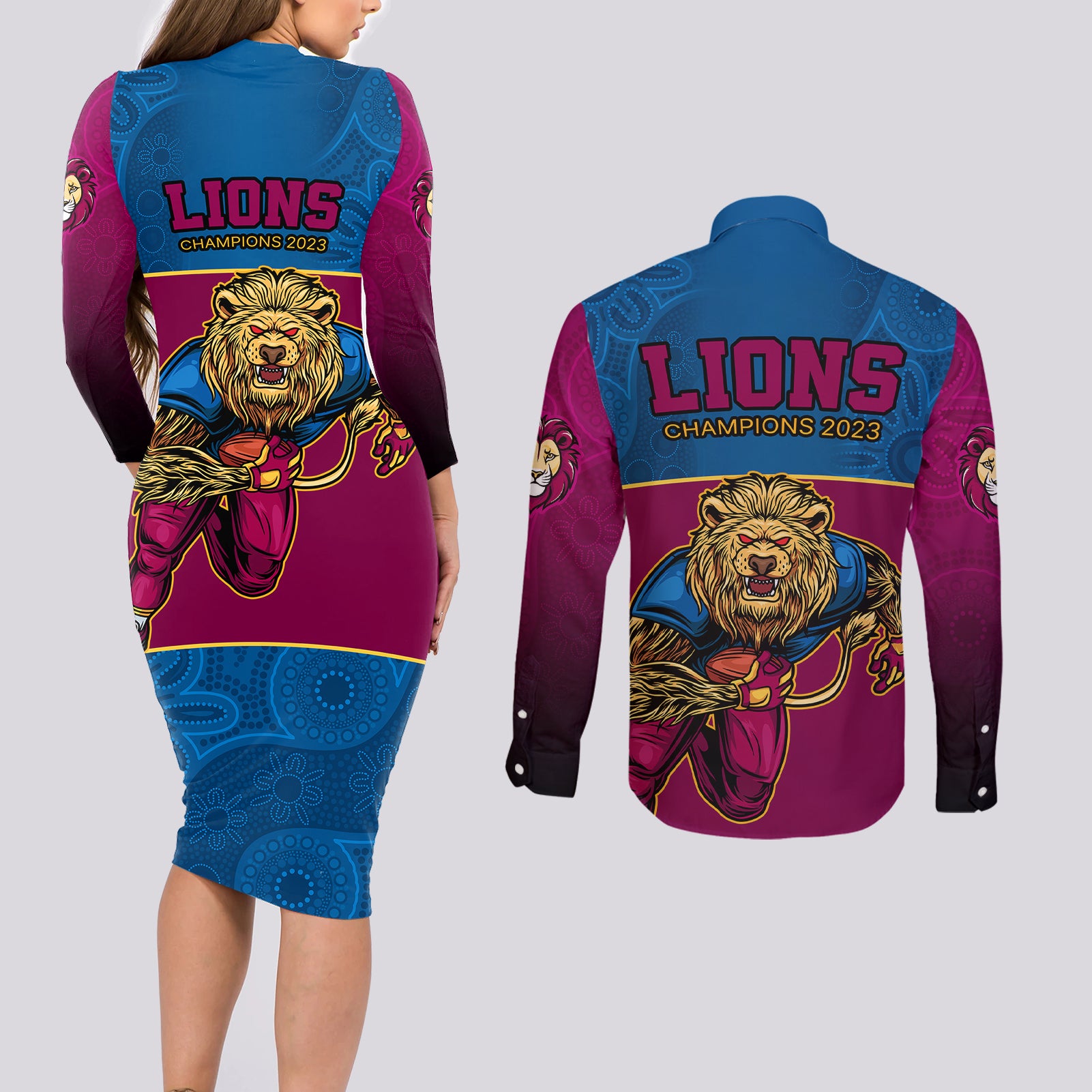 afl-lions-champions-2023-couples-matching-long-sleeve-bodycon-dress-and-long-sleeve-button-shirts-proud-brisbane-aboriginal-vibe