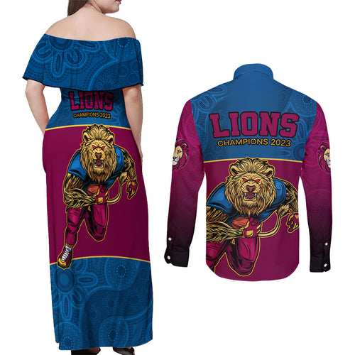 afl-lions-champions-2023-couples-matching-off-shoulder-maxi-dress-and-long-sleeve-button-shirts-proud-brisbane-aboriginal-vibe