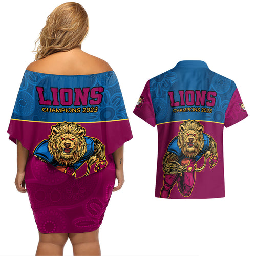 afl-lions-champions-2023-couples-matching-off-shoulder-short-dress-and-hawaiian-shirt-proud-brisbane-aboriginal-vibe
