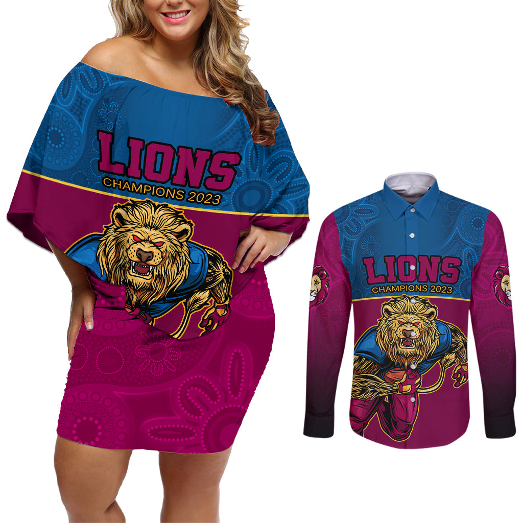 afl-lions-champions-2023-couples-matching-off-shoulder-short-dress-and-long-sleeve-button-shirts-proud-brisbane-aboriginal-vibe