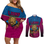 afl-lions-champions-2023-couples-matching-off-shoulder-short-dress-and-long-sleeve-button-shirts-proud-brisbane-aboriginal-vibe