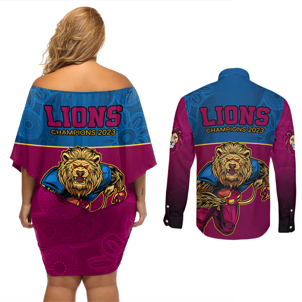 afl-lions-champions-2023-couples-matching-off-shoulder-short-dress-and-long-sleeve-button-shirts-proud-brisbane-aboriginal-vibe