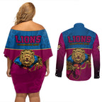 afl-lions-champions-2023-couples-matching-off-shoulder-short-dress-and-long-sleeve-button-shirts-proud-brisbane-aboriginal-vibe