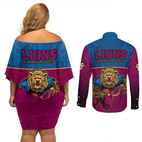 afl-lions-champions-2023-couples-matching-off-shoulder-short-dress-and-long-sleeve-button-shirts-proud-brisbane-aboriginal-vibe