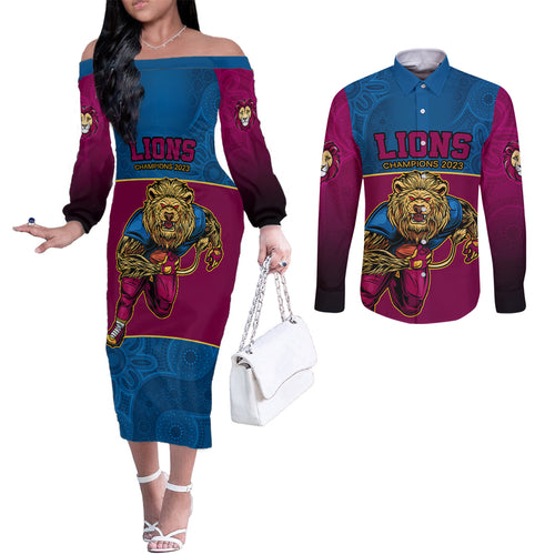 afl-lions-champions-2023-couples-matching-off-the-shoulder-long-sleeve-dress-and-long-sleeve-button-shirts-proud-brisbane-aboriginal-vibe