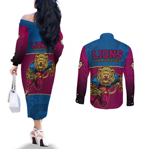 afl-lions-champions-2023-couples-matching-off-the-shoulder-long-sleeve-dress-and-long-sleeve-button-shirts-proud-brisbane-aboriginal-vibe
