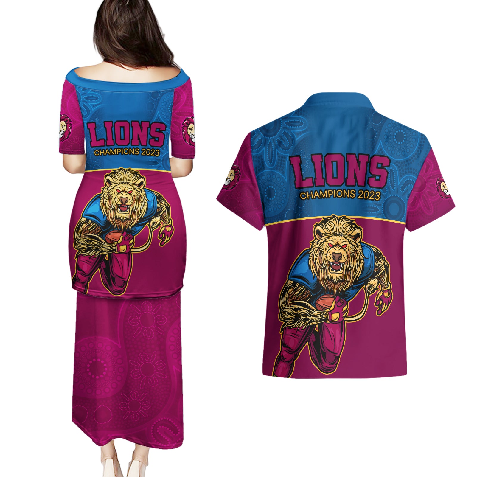afl-lions-champions-2023-couples-matching-puletasi-dress-and-hawaiian-shirt-proud-brisbane-aboriginal-vibe