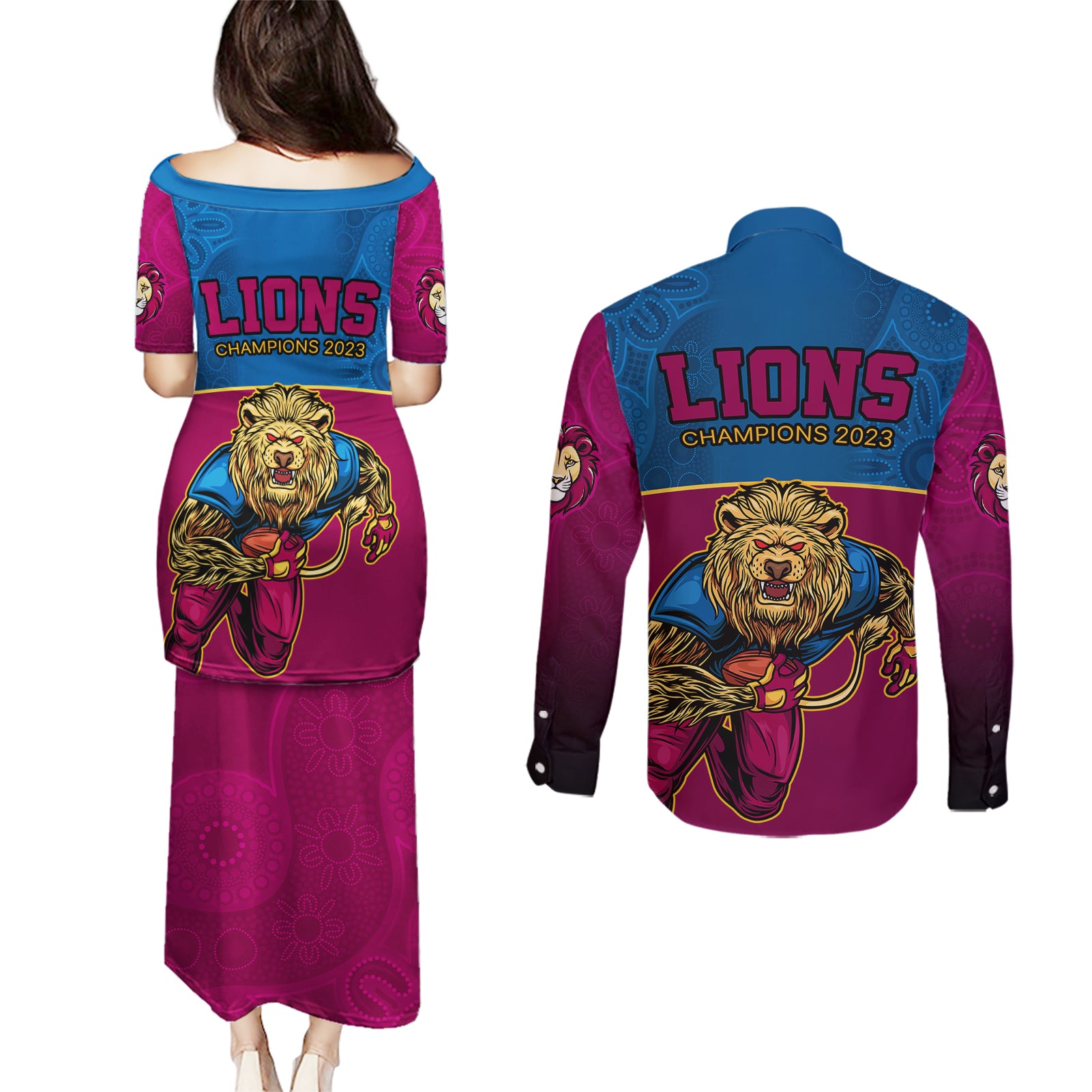 afl-lions-champions-2023-couples-matching-puletasi-dress-and-long-sleeve-button-shirts-proud-brisbane-aboriginal-vibe