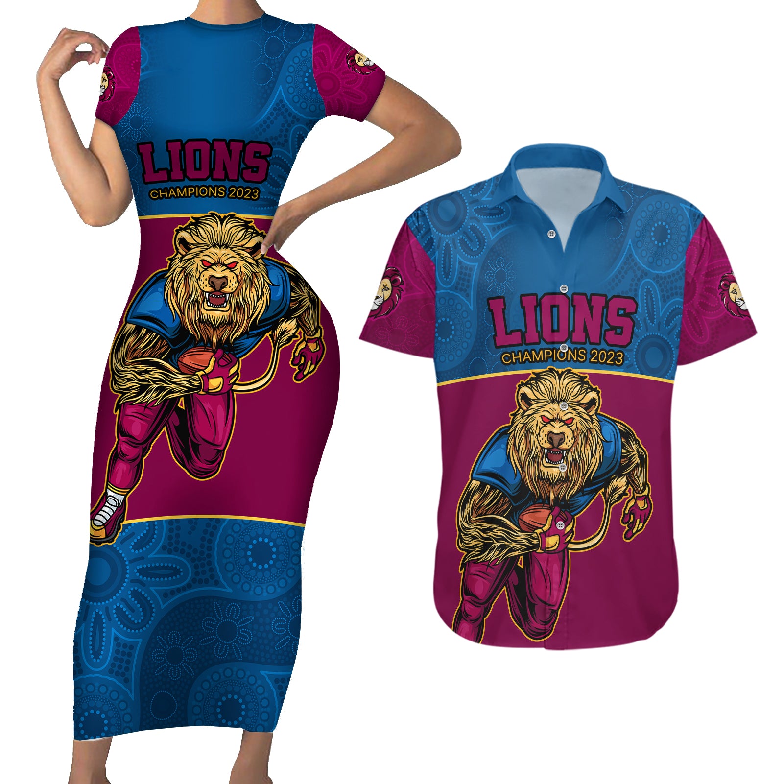 afl-lions-champions-2023-couples-matching-short-sleeve-bodycon-dress-and-hawaiian-shirt-proud-brisbane-aboriginal-vibe
