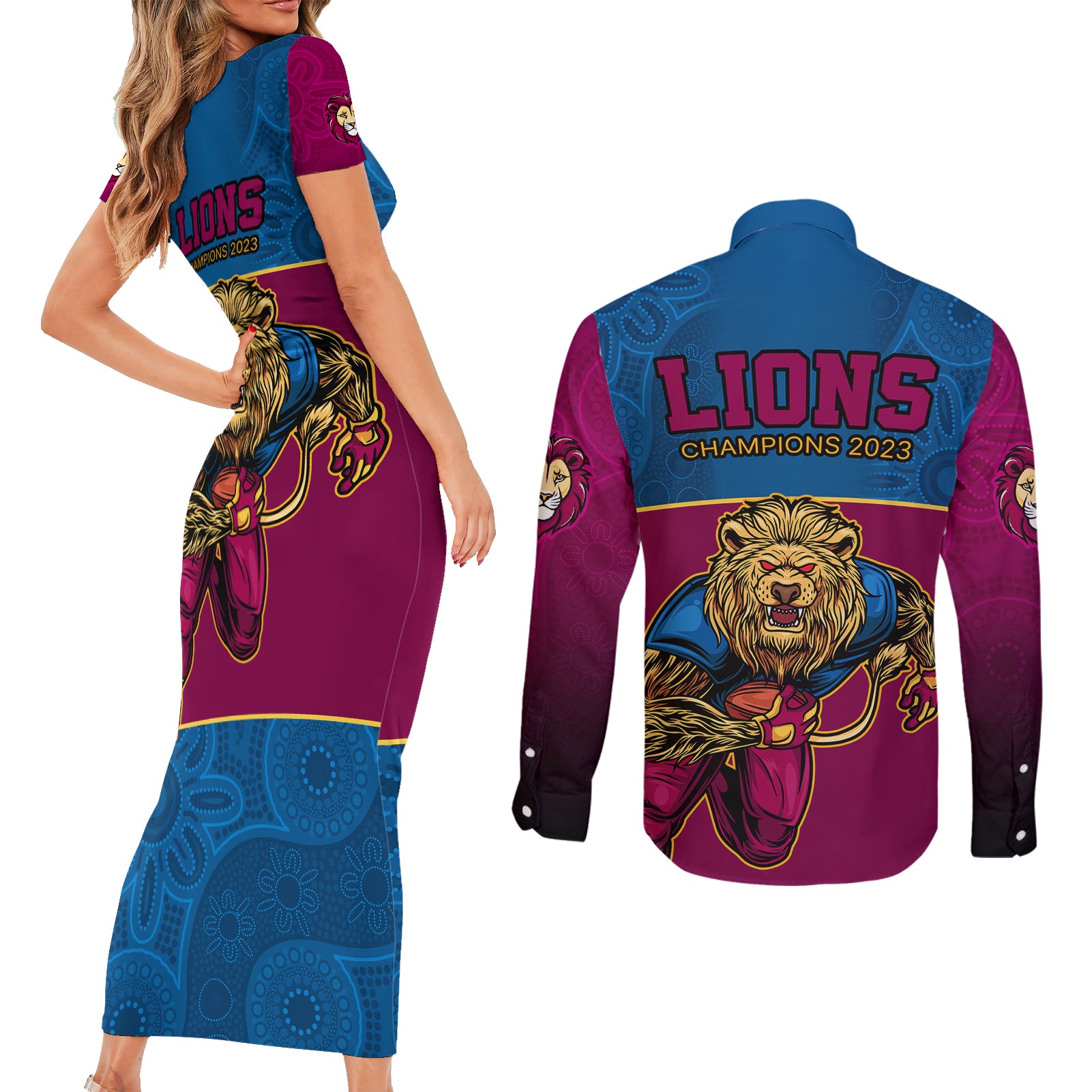 afl-lions-champions-2023-couples-matching-short-sleeve-bodycon-dress-and-long-sleeve-button-shirts-proud-brisbane-aboriginal-vibe