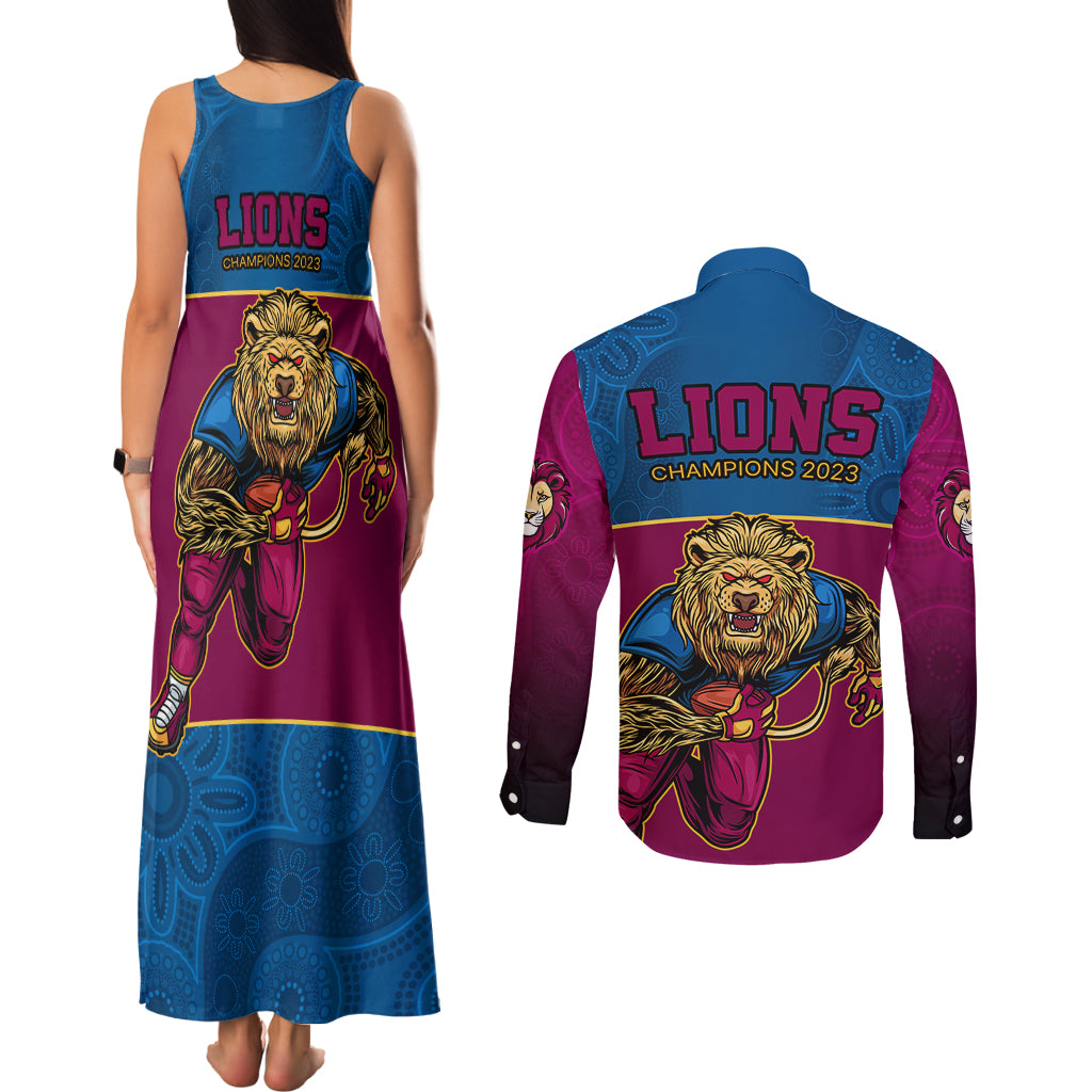 afl-lions-champions-2023-couples-matching-tank-maxi-dress-and-long-sleeve-button-shirts-proud-brisbane-aboriginal-vibe