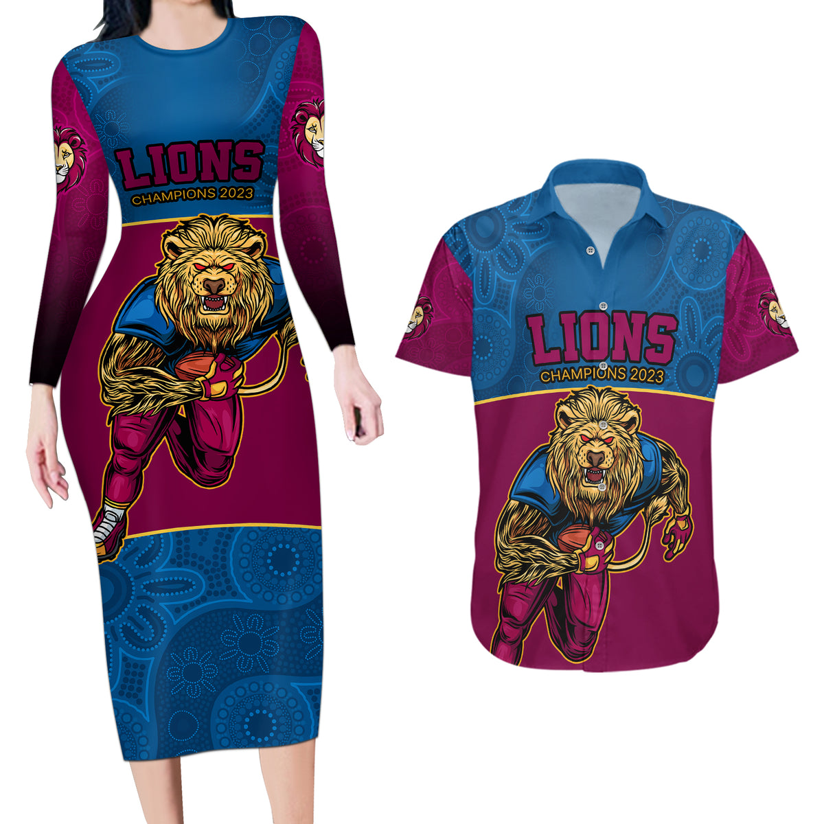 custom-afl-lions-champions-2023-couples-matching-long-sleeve-bodycon-dress-and-hawaiian-shirt-proud-brisbane-aboriginal-vibe