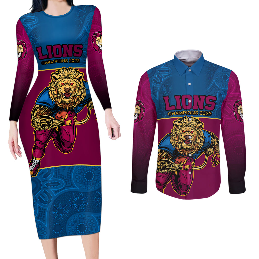 custom-afl-lions-champions-2023-couples-matching-long-sleeve-bodycon-dress-and-long-sleeve-button-shirts-proud-brisbane-aboriginal-vibe